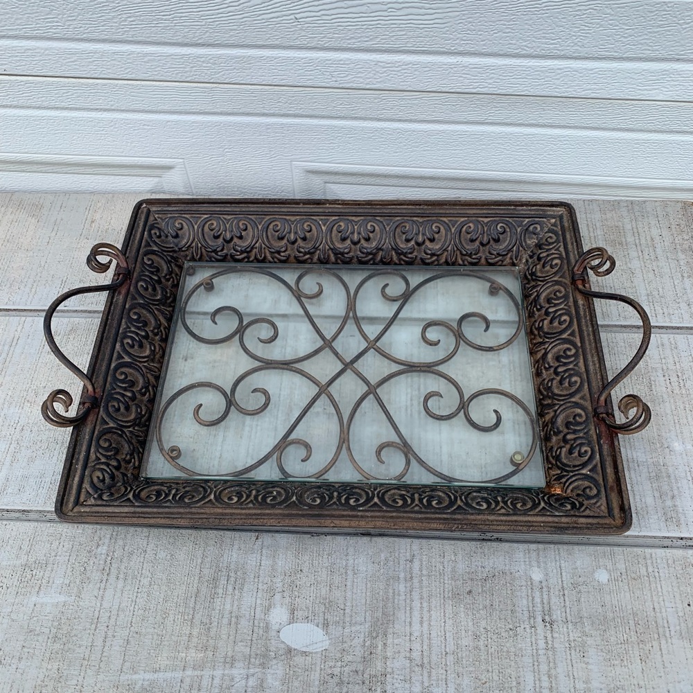 Southern Living at Home Napa Tray w/ Glass Insert Scroll Metal Serving Tray - Picture 3 of 16